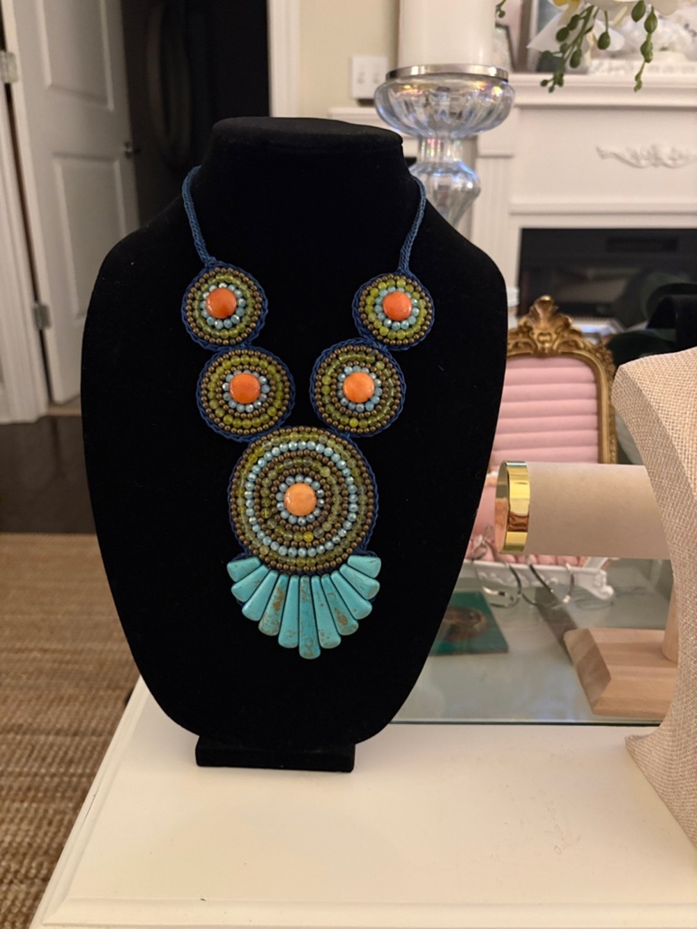 Handcrafted Turquoise and Orange Beaded Statement Necklace
